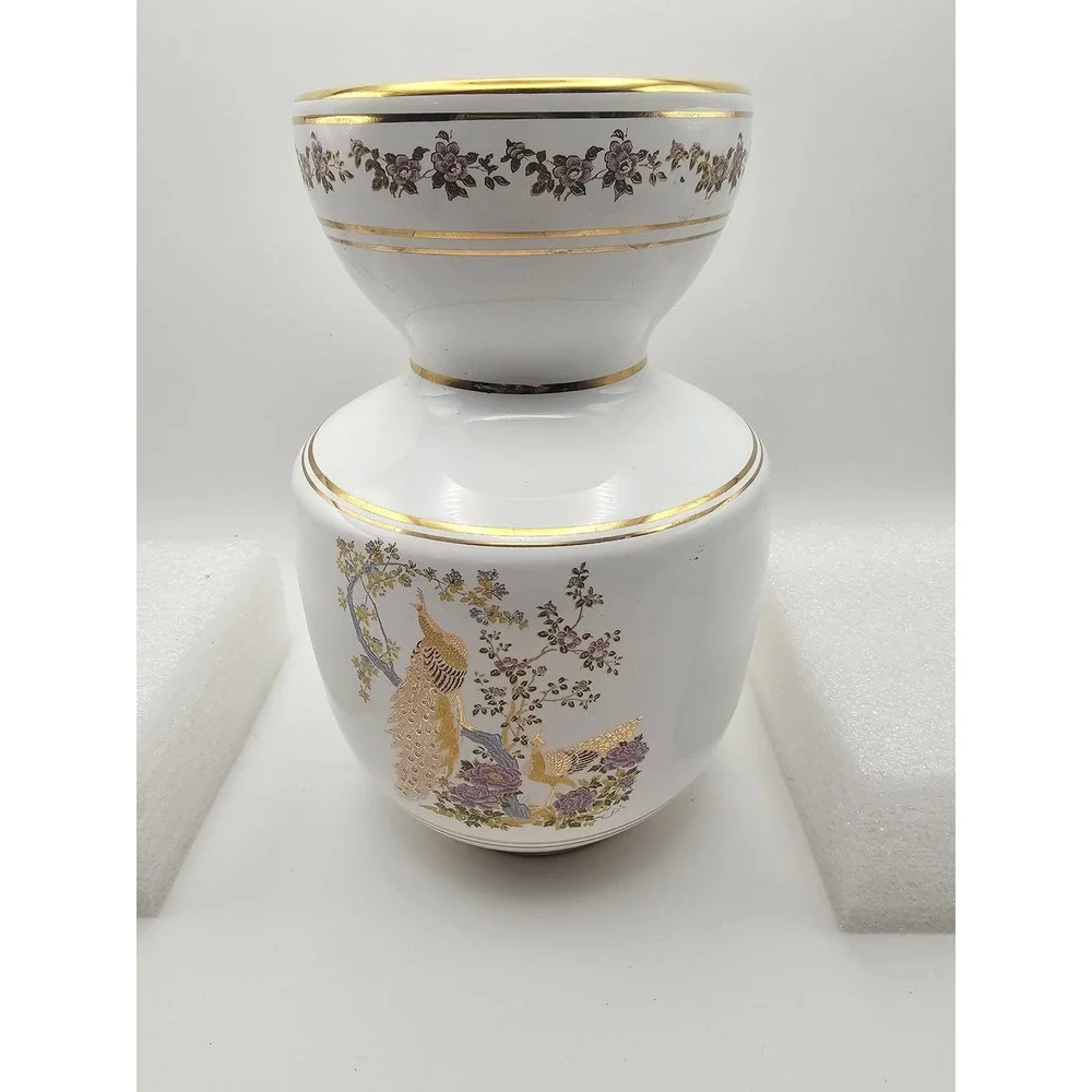 Neofitou Keramik Greece 24K Gold Peacock Porcelain Vase White Floral 6 Inch